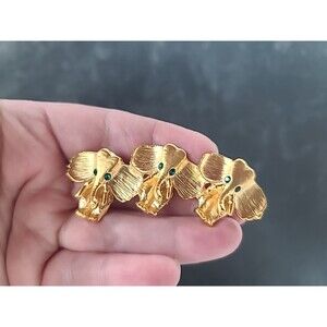 Elephant Shaped Green Rhinestone Eyes Gold Tone Brooch Vintage Costume Jewelry